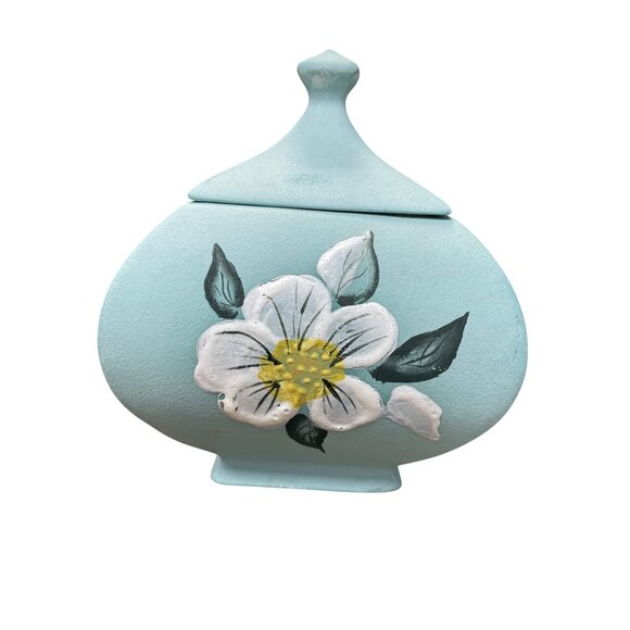 Hand-Painted David Fulmer green white Ceramic Floral Lidded Jar Vase SKU 9312 - Picture 3 of 10